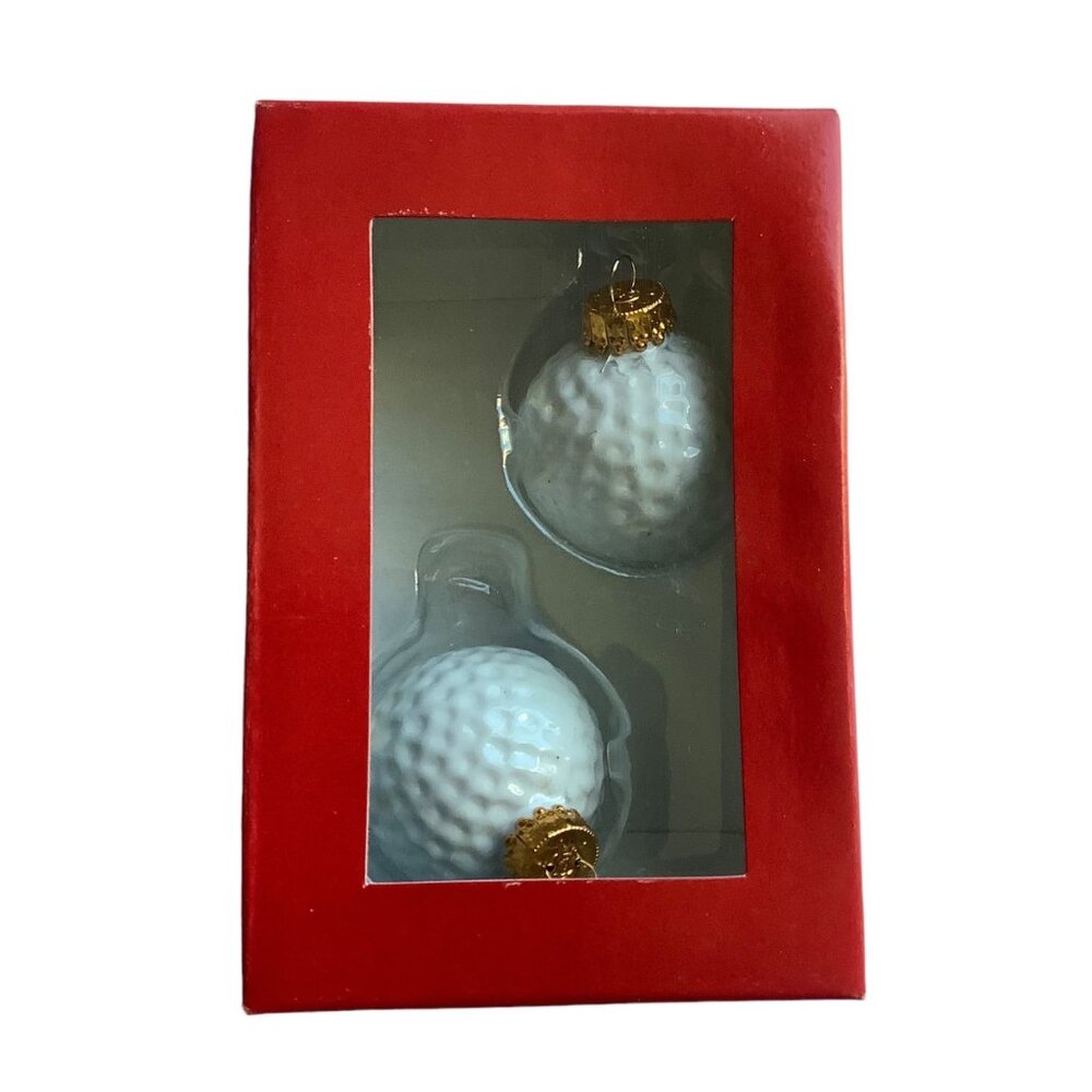 Vtg Holiday Home Hand Decorated Glass Golf Ball Ornaments Set Of 2 White